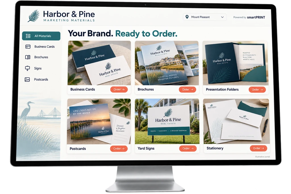 Illustrative smartPRINT branded ordering portal showing approved business cards, brochures, presentation folders, postcards, yard signs, and stationery on a desktop monitor
